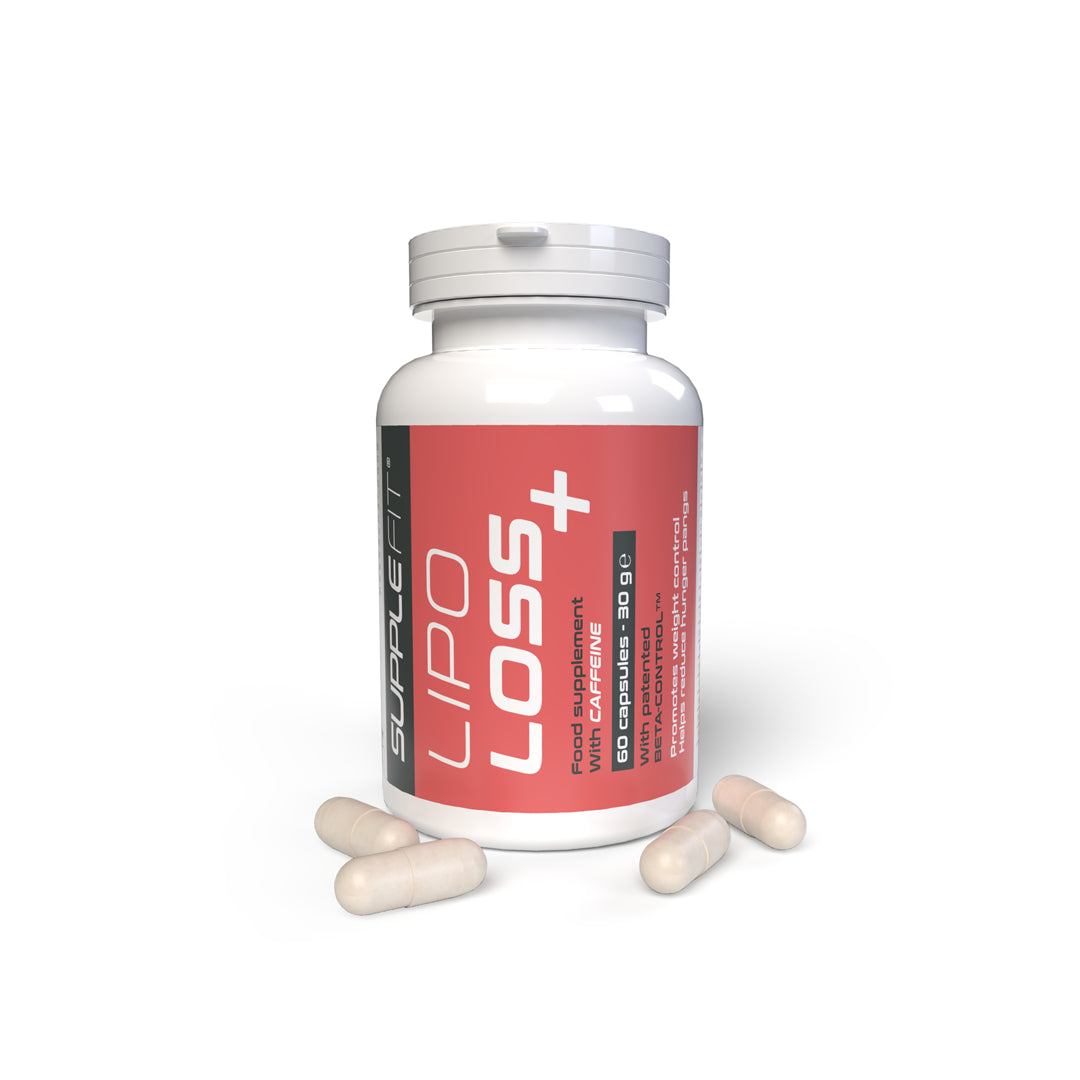 Complément alimentaire «LIPO LOSS +» à base de caféine, en gélules pour le contrôle du poids et de la faim dans les régimes hypocaloriques.